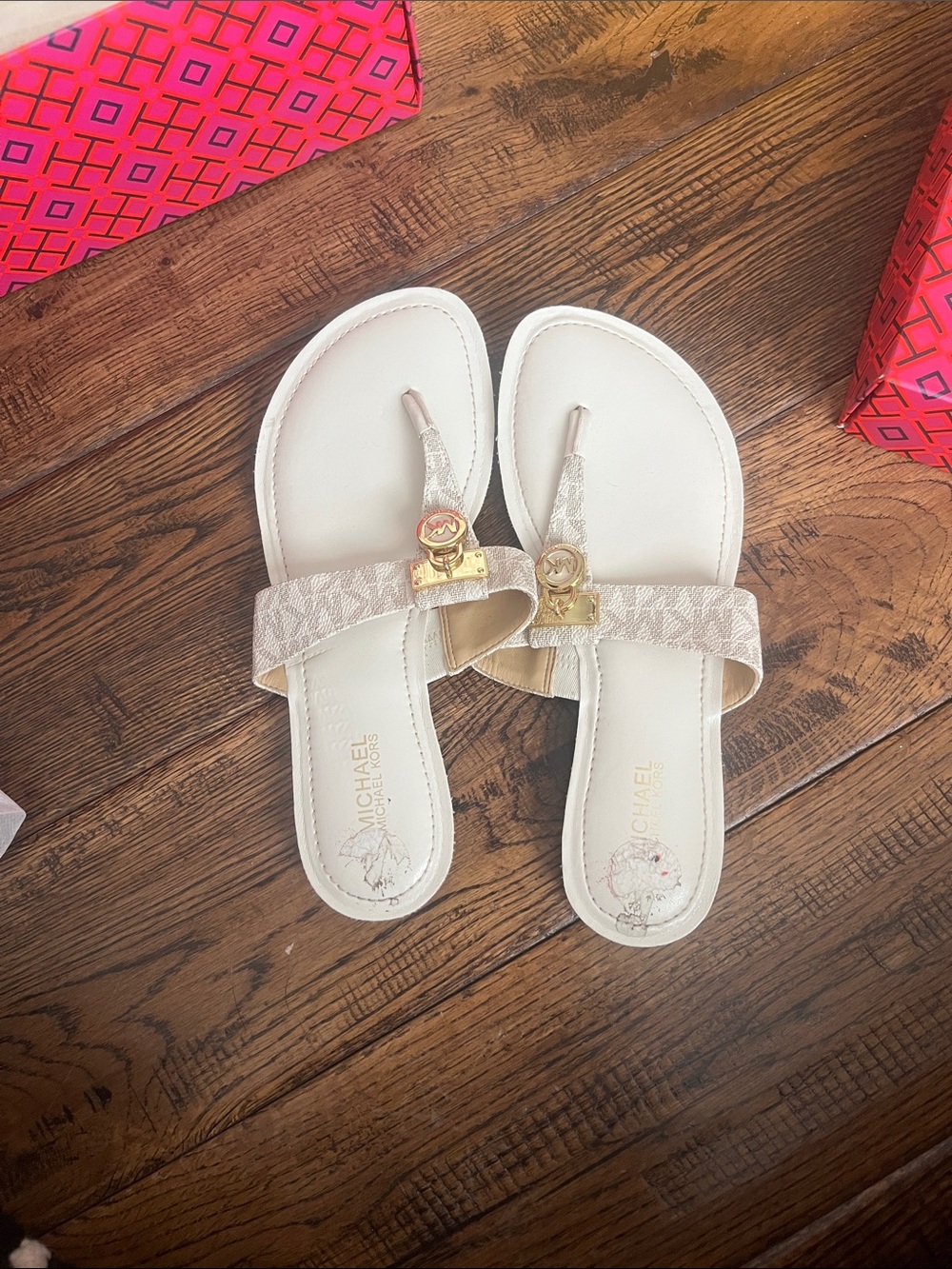 Michael Kors Cream/Jewel Logo Thong Sandals with Gold Hardware
